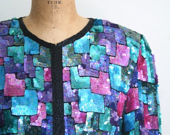 vintage 80s sequin jacket - sequined cardigan / rainbow sequined jacket - deco party top / 80s beaded jacket - sparkly 80s top