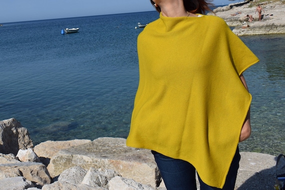 Boat Neck Womens Light Wool Poncho .Plus Size Knit Mustard Cape .Womens Knit Wrap Poncho . Mothers day gift for wife. Spring Party Vacations
