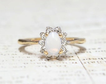 Vintage Genuine Jelly Opal Ring with Clear Swarovski Crystals 18kt Yellow Gold Electroplated Band October Birthstone Made in USA #R1291