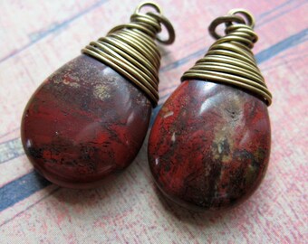 Red River Jasper Briolette Charms in Antiqued Brass - 1 pair - 25mm in length