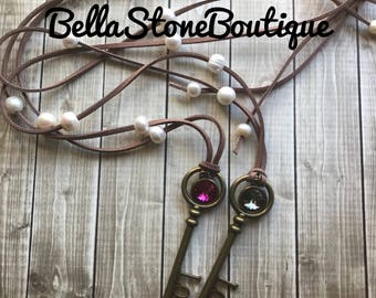 Love is the key fresh water pearl swarovski necklace/long pearl necklace/swarovki riviloi charm necklace/key necklace/brass key/faux leather