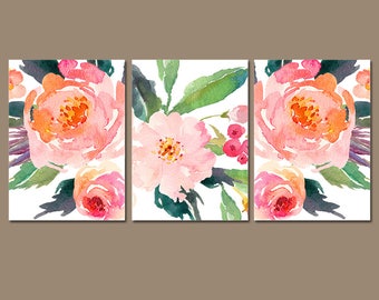 WATERCOLOR Floral Wall Art, Watercolor Flower Art, Watercolor Decor, Floral Nursery Decor, Floral Artwork, Set of 3 Canvas or Print Pictures