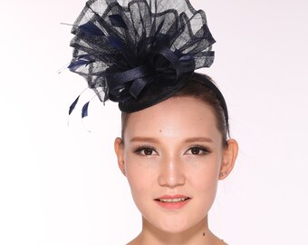 Kentucky Derby Feather Floral Sinamay Headband Fascinator Hat Navy Blue