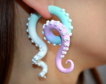 Kawaii Fairy Kei Tentacle Gauges Harley Quinn Earrings Octopus Gauges Fakers Faux Ombre Gauges Pastel Earrings Menhera Earrings Ear Plugs