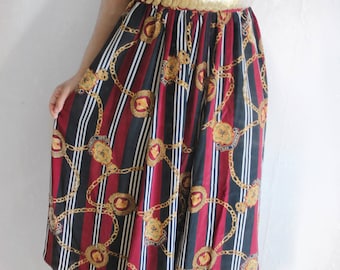 FREE SHIPPING Vintage Silk Maxi Skirt with gold chain print