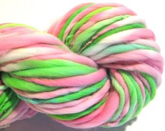 Bulky Handspun Yarn Tulip Time 102 yards hand dyed wool pink yarn green yarn spring waldorf doll hair knitting supplies crochet supplies