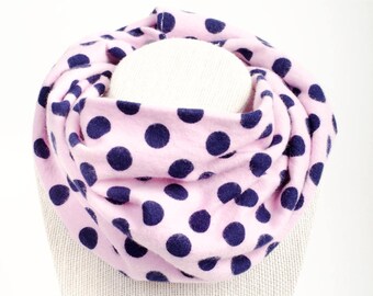 Flannel polka dot scarf, Baby infinity scarf, Gift for Baby Girl, Toddler Gift, Baby scarf with snaps, Navy blue & pink, Teething scarf bib
