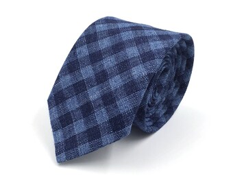Navy Necktie, Navy and Blue Gingham Necktie, Navy Blue Necktie - Traditional Width or Skinny Tie