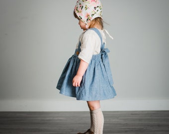 Girls Blue Suspender Skirt/ Chambray Skirt/Pinafore Skirt/Light Blue/6 months/12 mo /2T /3T /4T /5 years /6 /Vintage Skirt/Baby/Toddler