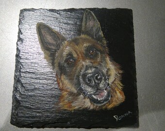 Custom pet portraits, coasters, commission, your pets hand painted on slate coasters dogs, cats, horses, fish or birds, completely usable.