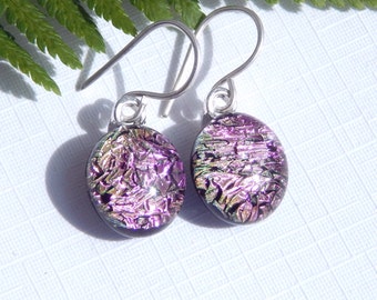 Drop Earrings - Golden Pink Dichroic Glass Dangle Earrings on 925 Sterling Silver Earwires - Fused Glass Jewelry
