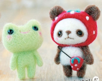 Strawberry-hat Panda & Frog Needle Felting Kit