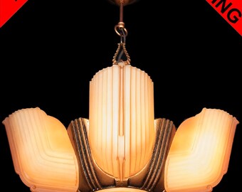 Antique Art Deco Salmon Frosted Glass 6 Light 5 Slip Shade Machine Age Chandelier Lamp Pendant Ceiling Fixture c1940s