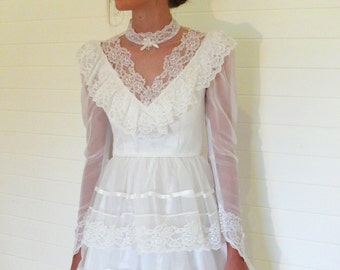 SALE Vintage ruffled wedding dress, white net, ribbon and lace . . . "Like" our fb page for 10% discount