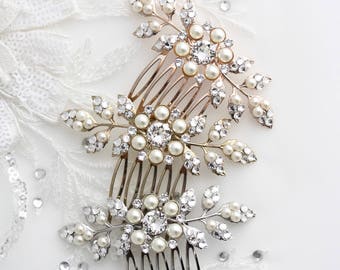 Bridal Comb Rose Gold Wedding Hair Accessory Small Hair Comb for Brides Pearl Crystal Leaf Comb Bridesmaids Gift Idea Elegant MACY