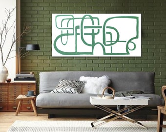 Original large abstract painting - acrylic on canvas - 18"x36" - green and white - line art - graphic geometric - minimal minimalist