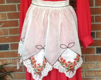 Vintage Sheer White Organdy Apron Featuring Vintage Hankies and Rickrack Trim
