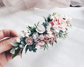 Pale pink and white and grenery headpiece, floral hair piece, pale pink hair clip, bridal hair piece, blush pink quarter wreath, bri