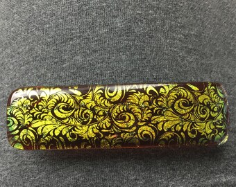 French Barrette Hair Clip, Amber and Gold Ornate Dichroic Glass, Extra Large Clip