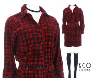 Women's Corduroy Dress Red Plaid 90's Vintage Grunge Clothing Size Small / Long Sleeve Mini Shirt Waist Dress Goth Hipster 26" Waist 39"Long