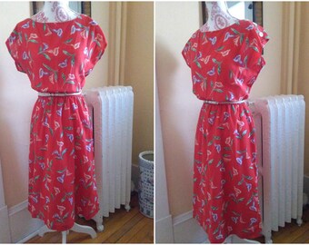 Red Floral Dress / Vintage Floral Dress / 1980s Dress / Medium