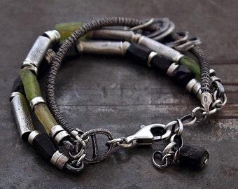 ancient Roman glass and raw black tourmaline with raw sterling silver bracelet • oxidized silver • chain multi link