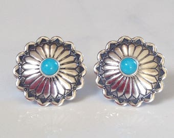 Native American Navajo Sterling Silver Turquoise Concho Stamped Stud Earrings