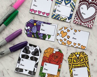DIY Gift Tags – Set of 8 printable gift tags to color and make for a Mother's Day or Valentine's Day Gift | DIY Printable PDF craft template