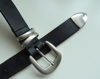 FREE SHIPPING - Vintage Cool Black Leather belt with metal buckle, size 95/ 38