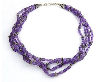 Amethyst & Sterling Silver Four Strand Necklace - Bali Silver Beads