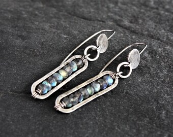 Labradorite earrings, gemstone earrings, oxidized sterling silver earrings, labradorite drop earrings, artisan jewelry, rustic earrings