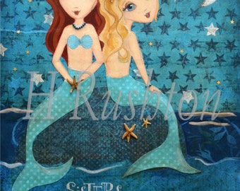 Mermaid Art -Children Decor-Moonlight Sister Mermaids (blonde/Auburn) - Sisters Art Print- 8x10 and 5x7