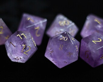 ENGRAVED Amethyst Gemstone Polyhedral Dice Set: Hand Carved with Quality! Full-Sized 16mm. Great for DnD RPG Dungeons and Dragons