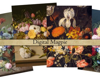 Antique Floral digital decoupage paper scrapbook paper pack printable flowers still life images floral art dark colors for crafts