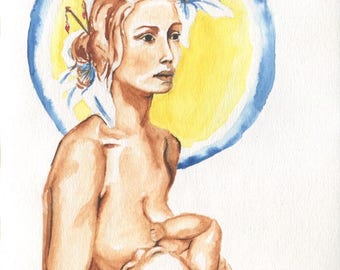 Print Art Nouveau Female Mother Figure Watercolor Painting