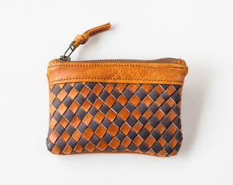 Brown and grey handwoven leather zipper pouch coin purse zipper case small money bag credit card zip purse - The Leto pouch