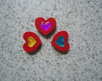 Set of 3 Puffy Hearts on Tiny Wood Heart Magnets - Kitchen Decor