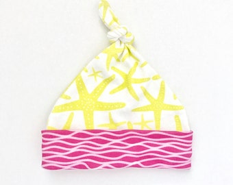 Yellow Starfish Organic Cotton Baby Hat, Girl Newborn Top Knot Hat, Ocean Theme Beanie, Beach Baby Shower Gift, Gift for New Mom, Pink Hat