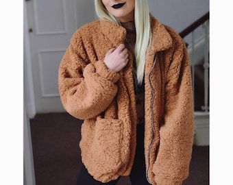 Brown/ black teddy bear faux fur shaggy bomber jacket coat