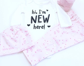 Hi, I'm New Here Outfit For Girls, Girls Coming Home Outfit, Newborn Girl Coming Home Outfit, Pink Coming Home Outfit, Baby Girl Outfit