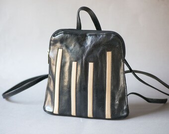 Black Genuine Leather Backpack Small Vintage. White stripes Leather Backpack. Women leather rucksack. Festival Backpack Gift Hipster Daypack
