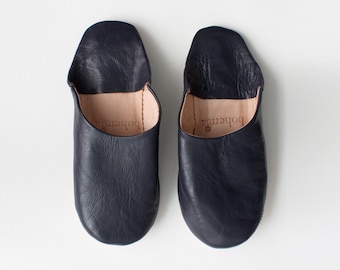 Women's Leather Slippers || Traditional Moroccan Basic Babouche || Hand Dyed With Natural Colour || Indigo