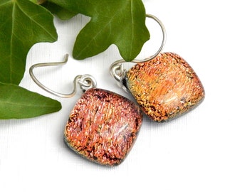 Russet Art Glass Drop Earrings, Square Copper Dichroic Glass Dangle Earrings on 925 Sterling Silver Earwires, Fused Glass Jewelry, Mom Gift
