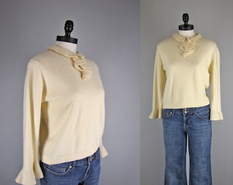 1960s Vintage Sweater l 60s Ivory Sweater with Jabot Ruffle