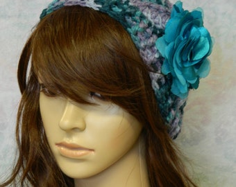 Hand Crocheted Beanie Hat with Flower Applique