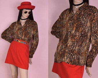80s Printed Long Sleeve Blouse/ US 10/ 1980s/ Button Down