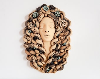 Patio decor Ceramic wall art wall mask | Rustic Wall decoration ceramic Women Face Sculpture | Wall decal | Wall hanging home decor