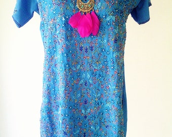 vintage indian dress, indian top, deep blue top, long beaded top, embroidered dress, deep blue dress