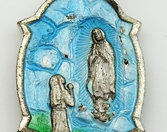 Vintage Lourdes Medal Necklace Pendant Charm Blue Green Enamel