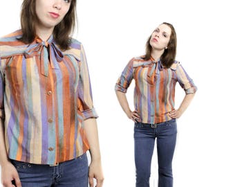 Bow tie blouse, Neck tie blouse, Striped blouse, Vintage blouse, Ascot bow tie blouse, Long sleeves blouse, Work blouse 70s / Small Medium